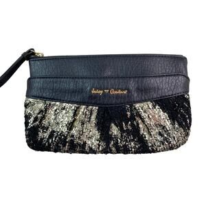 Juicy Couture Women's Black Faux Leather Metallic Gold Wristlet Clutch Purse*